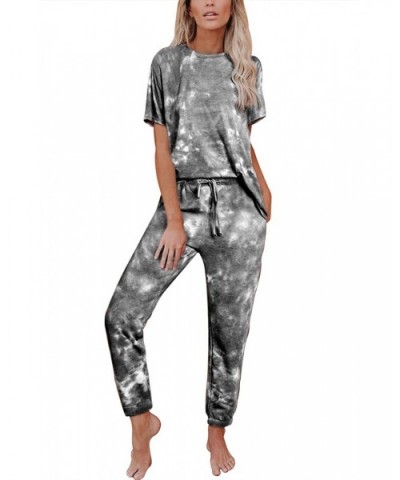 Womens Tie Dye Print Short Sleeve and Long Pants Pajamas Set Jogger PJ Sets Sleepwear Loungewear with Belt Grey - CL19DIC6OZQ...