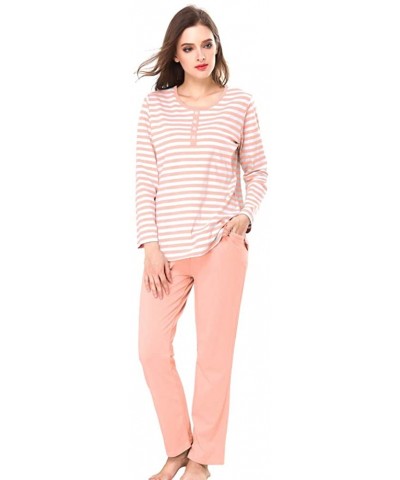 Women's Cotton Built-in Bra Pajama Suit Sets Scoop Neck Long Sleeve T-Shirt and Ankle Length Pants with 2 Pockets - Pink Stri...