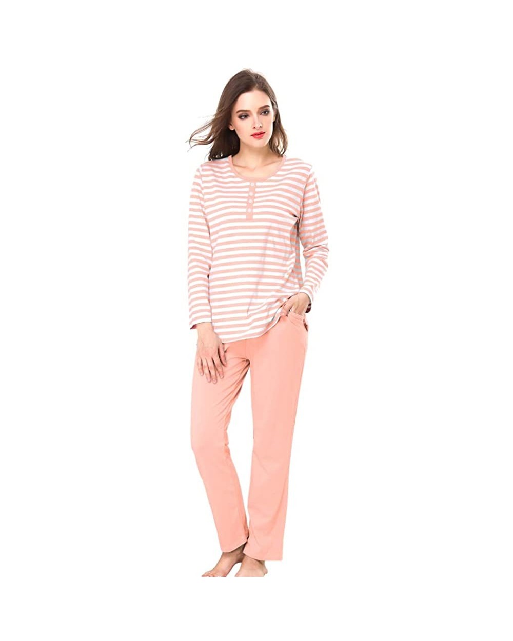 Women's Cotton Built-in Bra Pajama Suit Sets Scoop Neck Long Sleeve T-Shirt and Ankle Length Pants with 2 Pockets - Pink Stri...