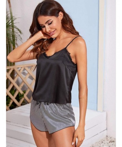 Women's Sleepwear Lace Cami Top with Striped Print Shorts 2 Piece Lingerie Pajama Set - Black White - CU19D3SQHS9 $20.64 Sets