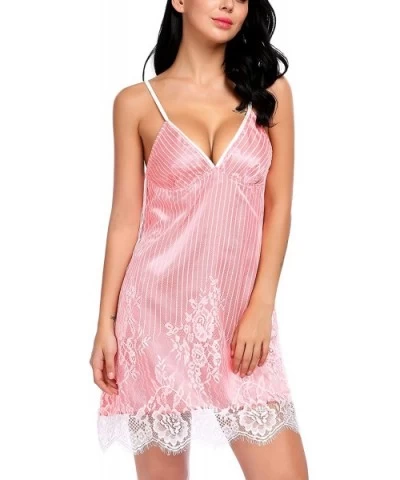 Women Satin Lingerie V Neck Sleepwear Lace Chemise Nightwear Teddy Dress - Watermelon Red - CX18X4TZCU4 $31.68 Nightgowns & S...