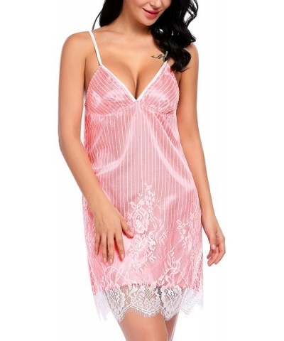 Women Satin Lingerie V Neck Sleepwear Lace Chemise Nightwear Teddy Dress - Watermelon Red - CX18X4TZCU4 $31.68 Nightgowns & S...