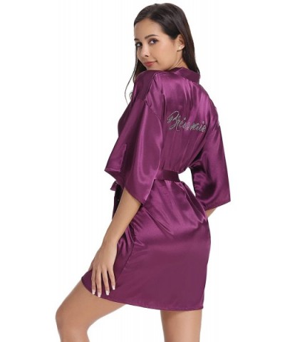 Women's Satin Robe Short Kimono for Bride & Bridesmaid Wedding Party Robes with Gold Glitter or Rhinestones - Dark Purple for...