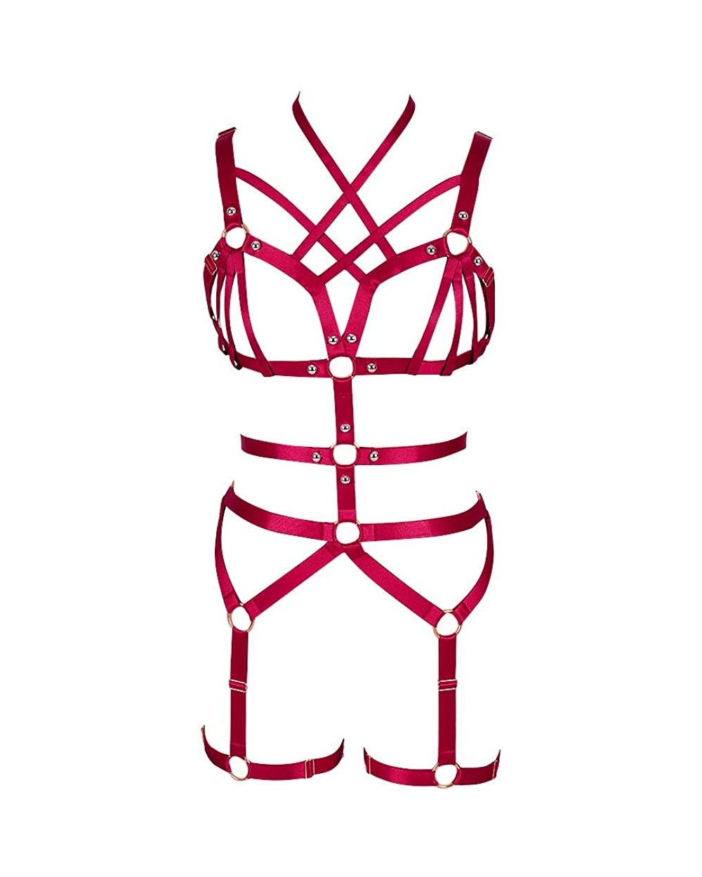 Womens Modern Stylish Punk Gothic Strappy Full Cage Body Harness Lingerie Belt Set Hollow Festival Wear - Wine Red - CK18X3XW...