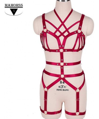 Womens Modern Stylish Punk Gothic Strappy Full Cage Body Harness Lingerie Belt Set Hollow Festival Wear - Wine Red - CK18X3XW...