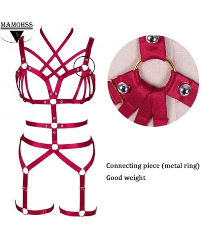 Womens Modern Stylish Punk Gothic Strappy Full Cage Body Harness Lingerie Belt Set Hollow Festival Wear - Wine Red - CK18X3XW...