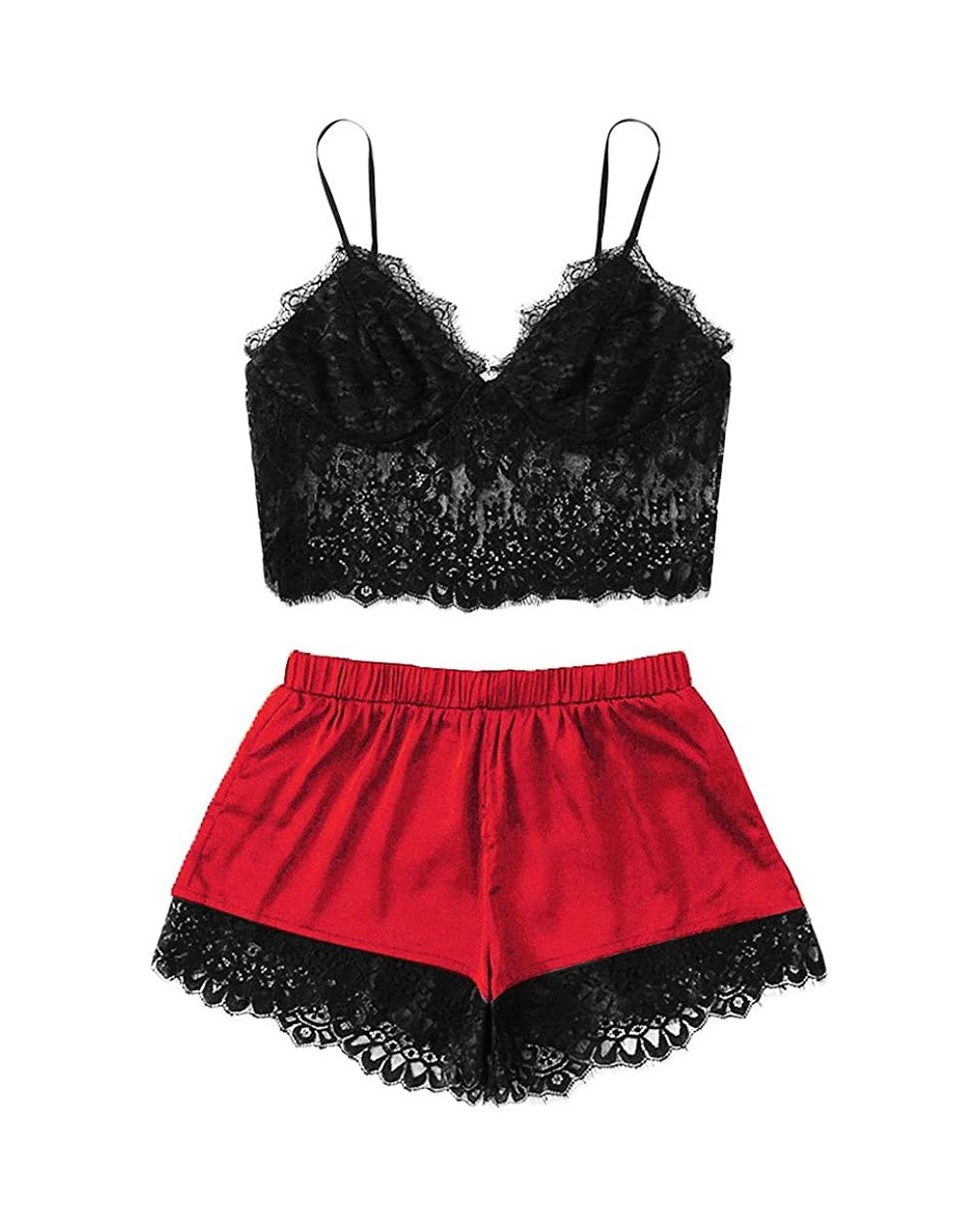 Women's Satin Pajama Sexy Lace Romper V-Neck Camisole Nightwear Sleepwear Short Set - Z6_red - CD193DX42MR $20.99 Sets