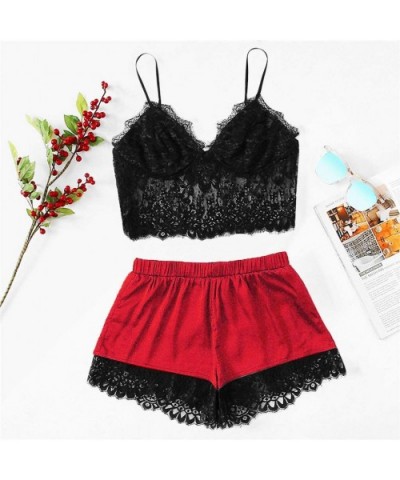 Women's Satin Pajama Sexy Lace Romper V-Neck Camisole Nightwear Sleepwear Short Set - Z6_red - CD193DX42MR $20.99 Sets