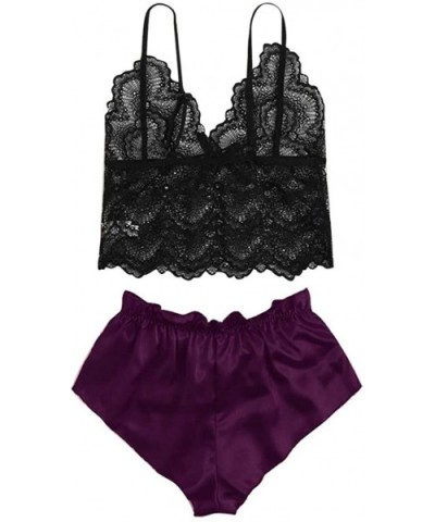 Women's Satin Pajamas Set Lace Suspender Bra Crop Top Shorts Sexy Underwear Lingerie Set - Purple - CR199SISZWR $22.90 Sets