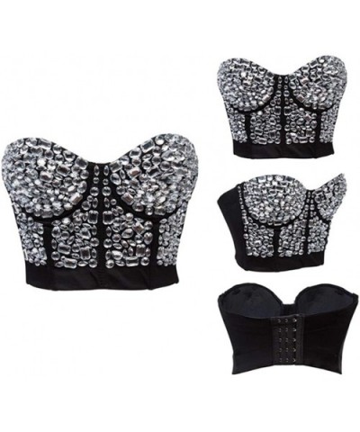 Womens Rhinestone Punk Goth Bra Clubwear Corset Top - Silver - CF11SKQ95VX $45.77 Bras