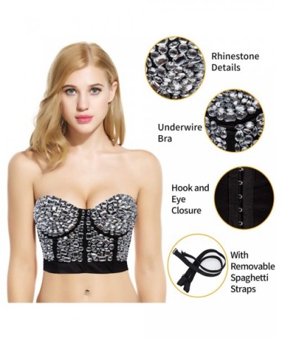 Womens Rhinestone Punk Goth Bra Clubwear Corset Top - Silver - CF11SKQ95VX $45.77 Bras