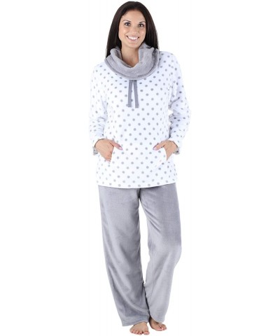 Women's Fleece Pullover with Pocket 2-Piece Loungewear PJs - Cowl Neck Set- White With Grey Polka Dots - CN18C0MU7HX $62.84 Sets