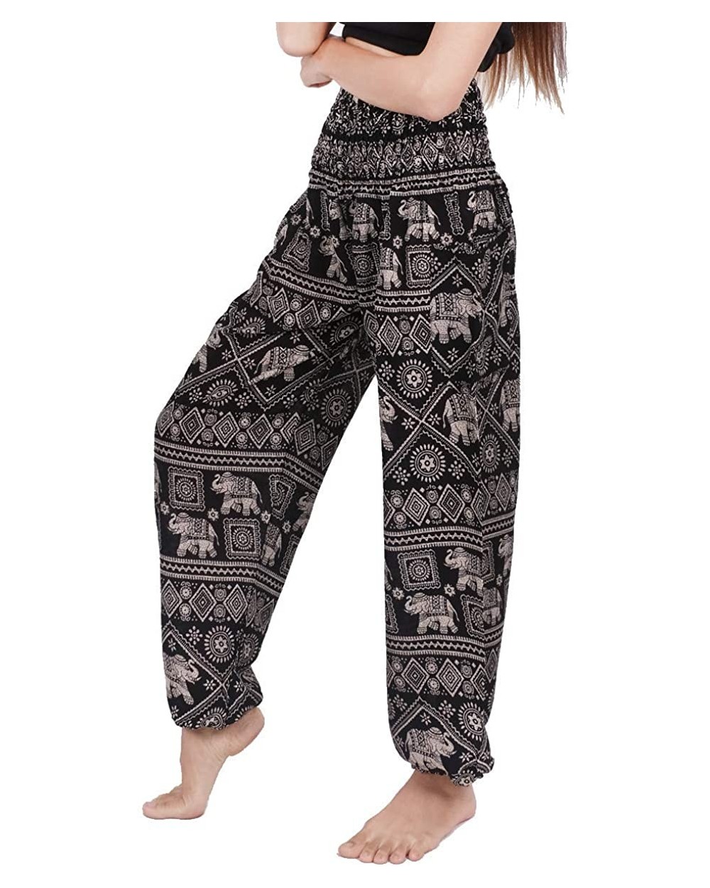 Womens Harem Pants Hippie Elephant Boho Floral Printed Yoga Pants Smocked Waist Palazzo Pants with Pockets Black - C61996YYK9...