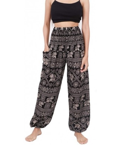 Womens Harem Pants Hippie Elephant Boho Floral Printed Yoga Pants Smocked Waist Palazzo Pants with Pockets Black - C61996YYK9...