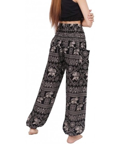 Womens Harem Pants Hippie Elephant Boho Floral Printed Yoga Pants Smocked Waist Palazzo Pants with Pockets Black - C61996YYK9...