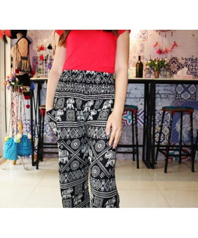 Womens Harem Pants Hippie Elephant Boho Floral Printed Yoga Pants Smocked Waist Palazzo Pants with Pockets Black - C61996YYK9...