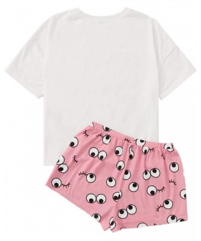 Women's Sleepwear Eyes Graphic Print Tee and Cute Shorts Pajama Set - Light Pink - CB18AZDUM3E $29.53 Sets