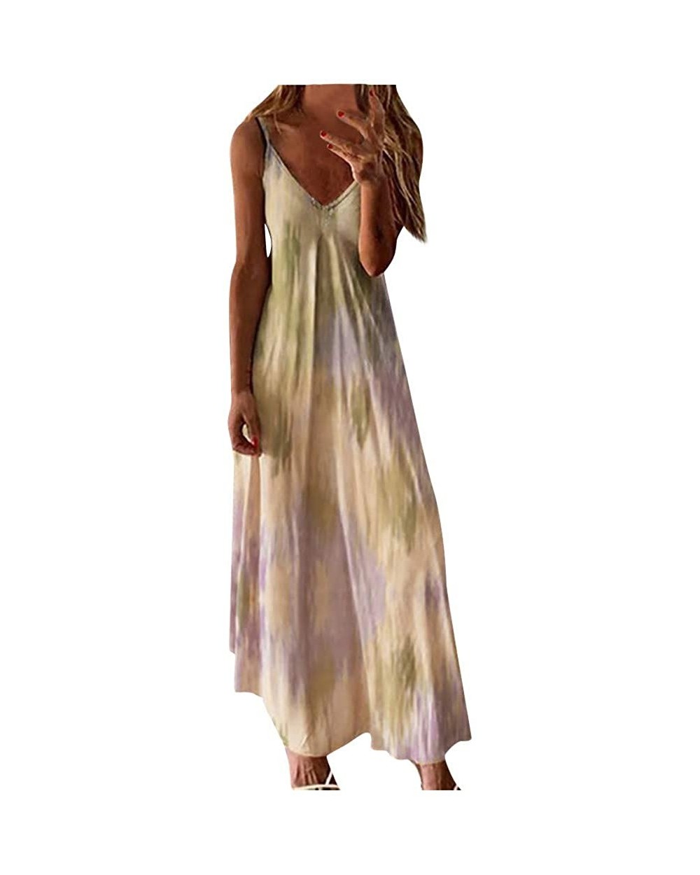 Maxi Dresses for Women Summer 2020 Womens Summer Deep V Neck Floral Tie-dye Spaghetti Strap Beach Long Dresses - Yellow - CN1...