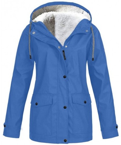 Outdoor Waterproof Raincoat Plus Velvet Women Hoodie Solid Plus Size Drawstring Windproof Rain Jacket D sky Blue - CO192347CH...