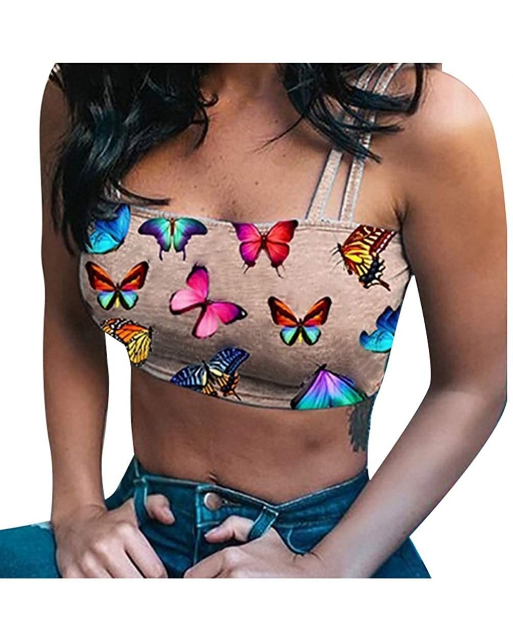 Butterfly Tube Top for Women- Sexy Camisole Summer Short Vest Crop Top Tanks - Khaki - CK190ZUUMNK $12.60 Camisoles & Tanks