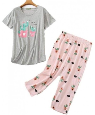 Women's Pajama Sets Capri Pants with Short Tops Cotton Sleepwear Ladies Sleeveless Print Tee and Shorts Sleep Sets - Pink Cac...