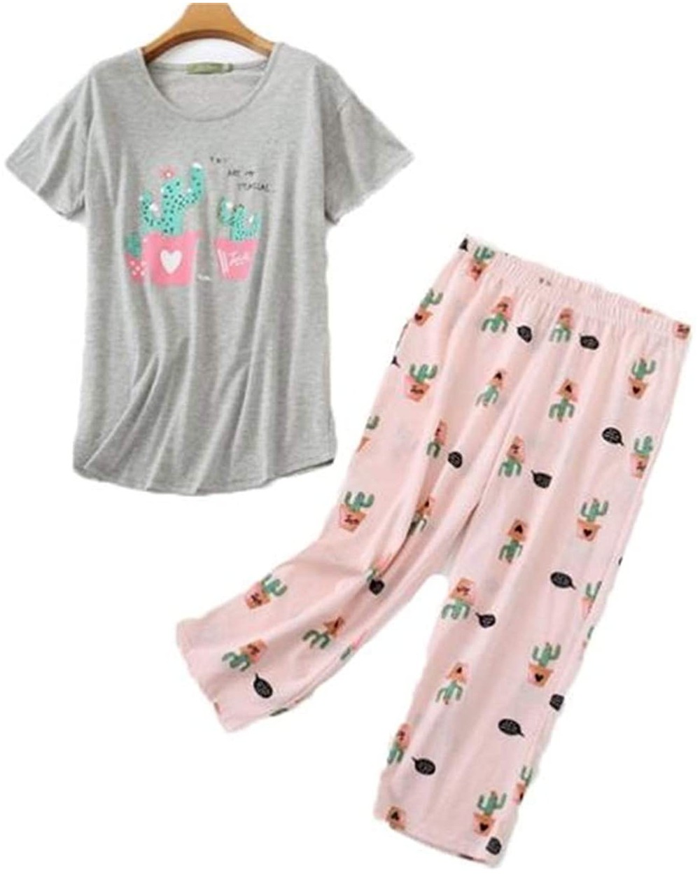 Women's Pajama Sets Capri Pants with Short Tops Cotton Sleepwear Ladies Sleeveless Print Tee and Shorts Sleep Sets - Pink Cac...