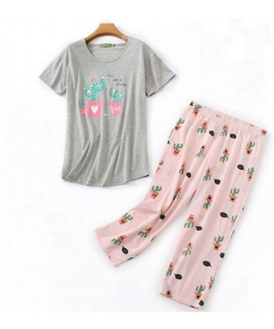 Women's Pajama Sets Capri Pants with Short Tops Cotton Sleepwear Ladies Sleeveless Print Tee and Shorts Sleep Sets - Pink Cac...