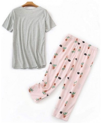 Women's Pajama Sets Capri Pants with Short Tops Cotton Sleepwear Ladies Sleeveless Print Tee and Shorts Sleep Sets - Pink Cac...