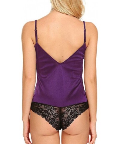 Women Satin Lingerie for Valentine Gift Mesh Fishnet Bodysuit V Neck Lace Babydoll Short Jumpsuit Pajamas Purple - CD193XSHEI...