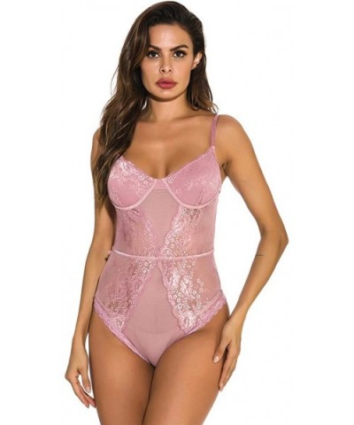 Bikini Intimates Women Sexy Lingerie Embroidered Lace One-Piece Underwear Spaghetti Strap Babydoll Nightdress WEI MOLO - Pink...