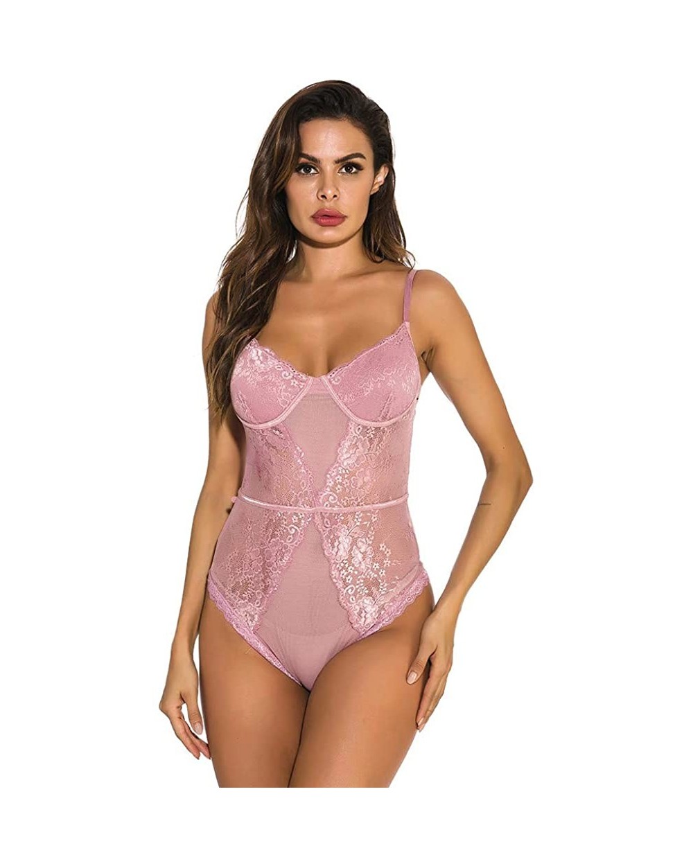 Bikini Intimates Women Sexy Lingerie Embroidered Lace One-Piece Underwear Spaghetti Strap Babydoll Nightdress WEI MOLO - Pink...