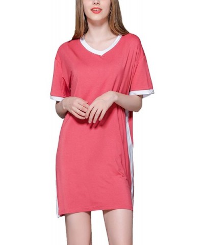 Women's Loose Nightgown Short Sleeves Soft Nighty V Neck Stretchy Solid Sleep Dress - Red - CJ18X53GMLH $39.86 Nightgowns & S...