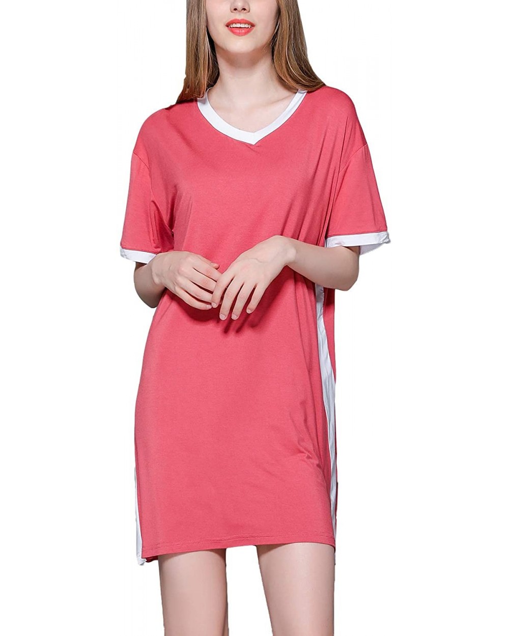 Women's Loose Nightgown Short Sleeves Soft Nighty V Neck Stretchy Solid Sleep Dress - Red - CJ18X53GMLH $39.86 Nightgowns & S...