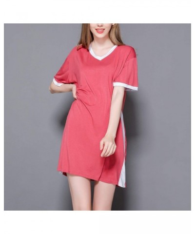 Women's Loose Nightgown Short Sleeves Soft Nighty V Neck Stretchy Solid Sleep Dress - Red - CJ18X53GMLH $39.86 Nightgowns & S...