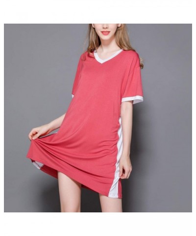 Women's Loose Nightgown Short Sleeves Soft Nighty V Neck Stretchy Solid Sleep Dress - Red - CJ18X53GMLH $39.86 Nightgowns & S...