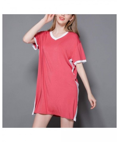 Women's Loose Nightgown Short Sleeves Soft Nighty V Neck Stretchy Solid Sleep Dress - Red - CJ18X53GMLH $39.86 Nightgowns & S...