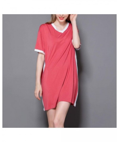 Women's Loose Nightgown Short Sleeves Soft Nighty V Neck Stretchy Solid Sleep Dress - Red - CJ18X53GMLH $39.86 Nightgowns & S...