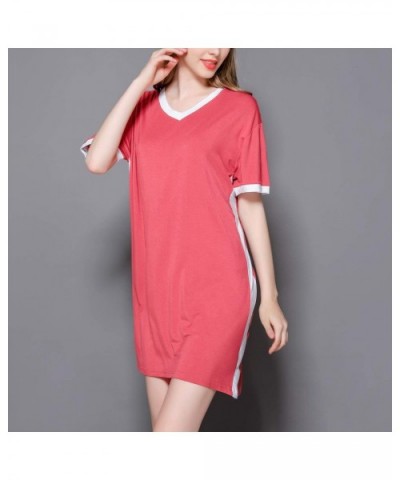 Women's Loose Nightgown Short Sleeves Soft Nighty V Neck Stretchy Solid Sleep Dress - Red - CJ18X53GMLH $39.86 Nightgowns & S...