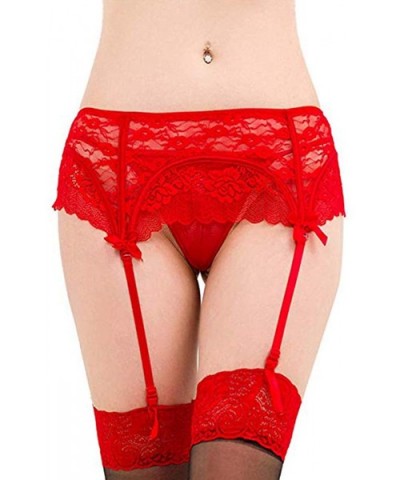 Women Lace Suspender Garter Belt Plus Size Lingerie with G-String for Thigh High Stockings - Red - CU18AZHHTCQ $19.68 Garters...