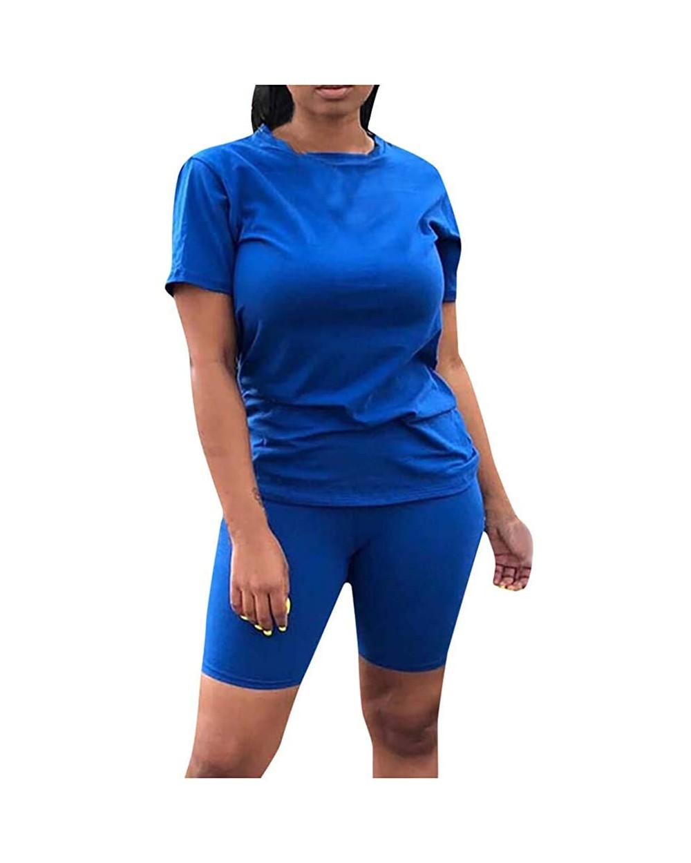 Womens Summer Solid 2 Pieces Outfits Bodycon Puff Short Sleeve Crop Top and Pants Set - Blue - CW190U4CKUQ $68.51 Garters & G...