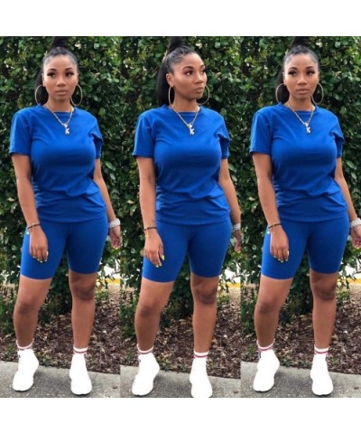 Womens Summer Solid 2 Pieces Outfits Bodycon Puff Short Sleeve Crop Top and Pants Set - Blue - CW190U4CKUQ $68.51 Garters & G...