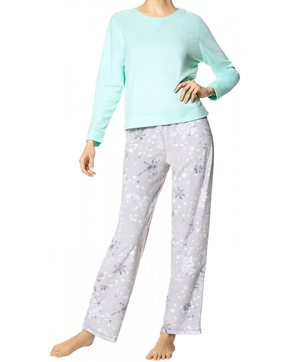 Women's Sueded Fleece Long Sleeve Tee and Pant 3 Piece Pajama Set - Beach Glass/Crystal Snow - CP186OH2QDM $74.51 Sets