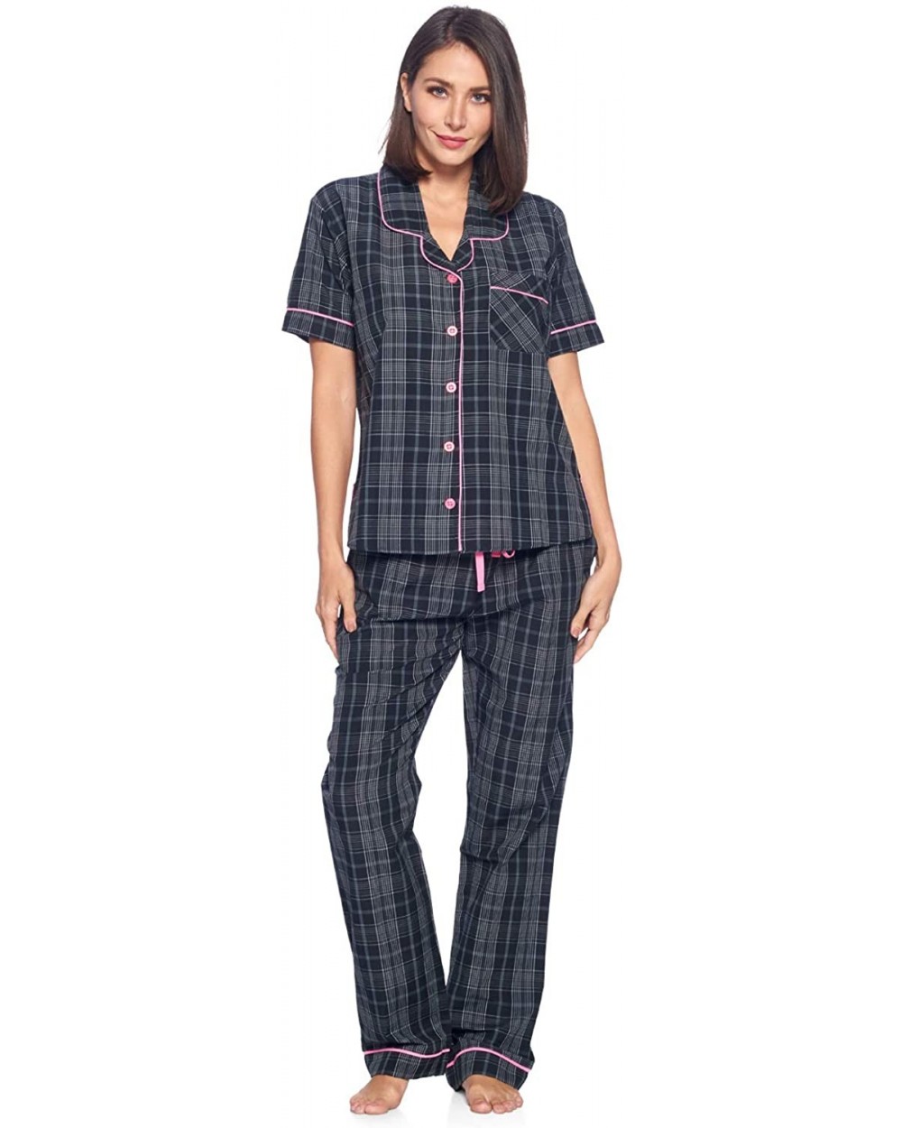 Women's Short Sleeve Pajamas Set | Woven Plaid Sleepwear & Loungewear Button Down Shirt PJ Set - Black/Grey/White - C518UXONC...