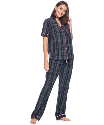 Women's Short Sleeve Pajamas Set | Woven Plaid Sleepwear & Loungewear Button Down Shirt PJ Set - Black/Grey/White - C518UXONC...