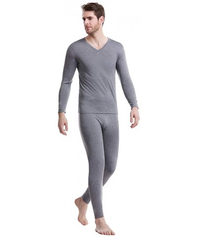 Men's 2019 Winter New Men's Plus Velvet Thermal Underwear Set Winter Men's V-Neck Comfortable Warm Inside - Light Gray - CR19...