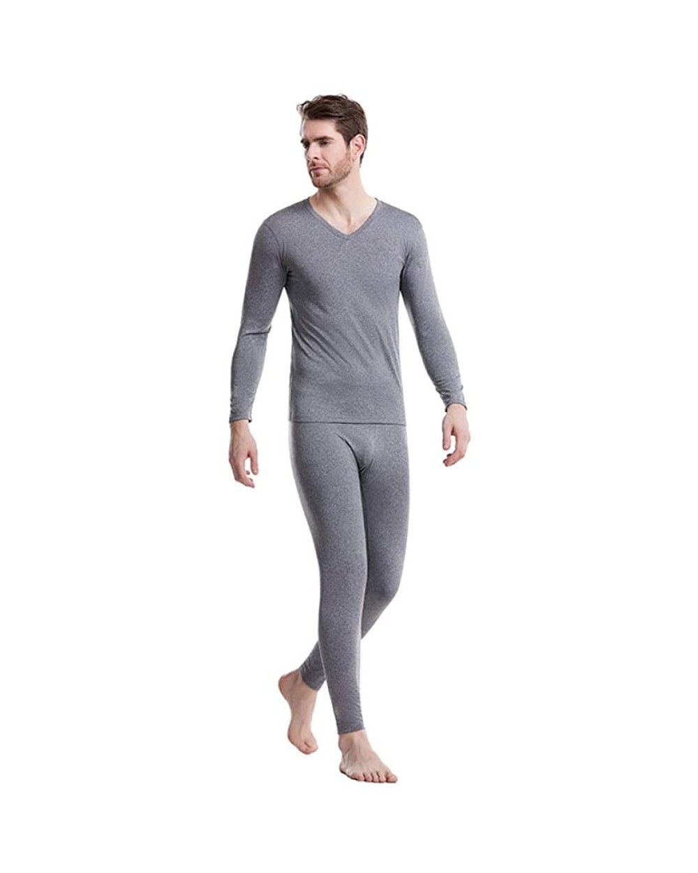 Men's 2019 Winter New Men's Plus Velvet Thermal Underwear Set Winter Men's V-Neck Comfortable Warm Inside - Light Gray - CR19...