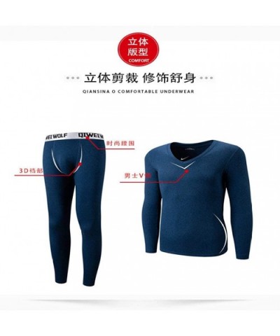 Men's 2019 Winter New Men's Plus Velvet Thermal Underwear Set Winter Men's V-Neck Comfortable Warm Inside - Light Gray - CR19...