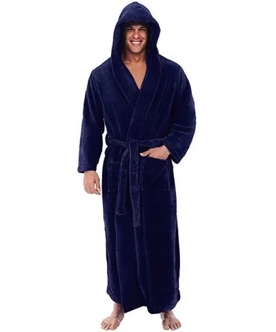 Men's Winter Bathrobe Plush Shawl Hooded Coat Fleece Plush Robe Nightgown Warm Housecoat Pajamas - Dark Blue - CM18AECR4IM $4...