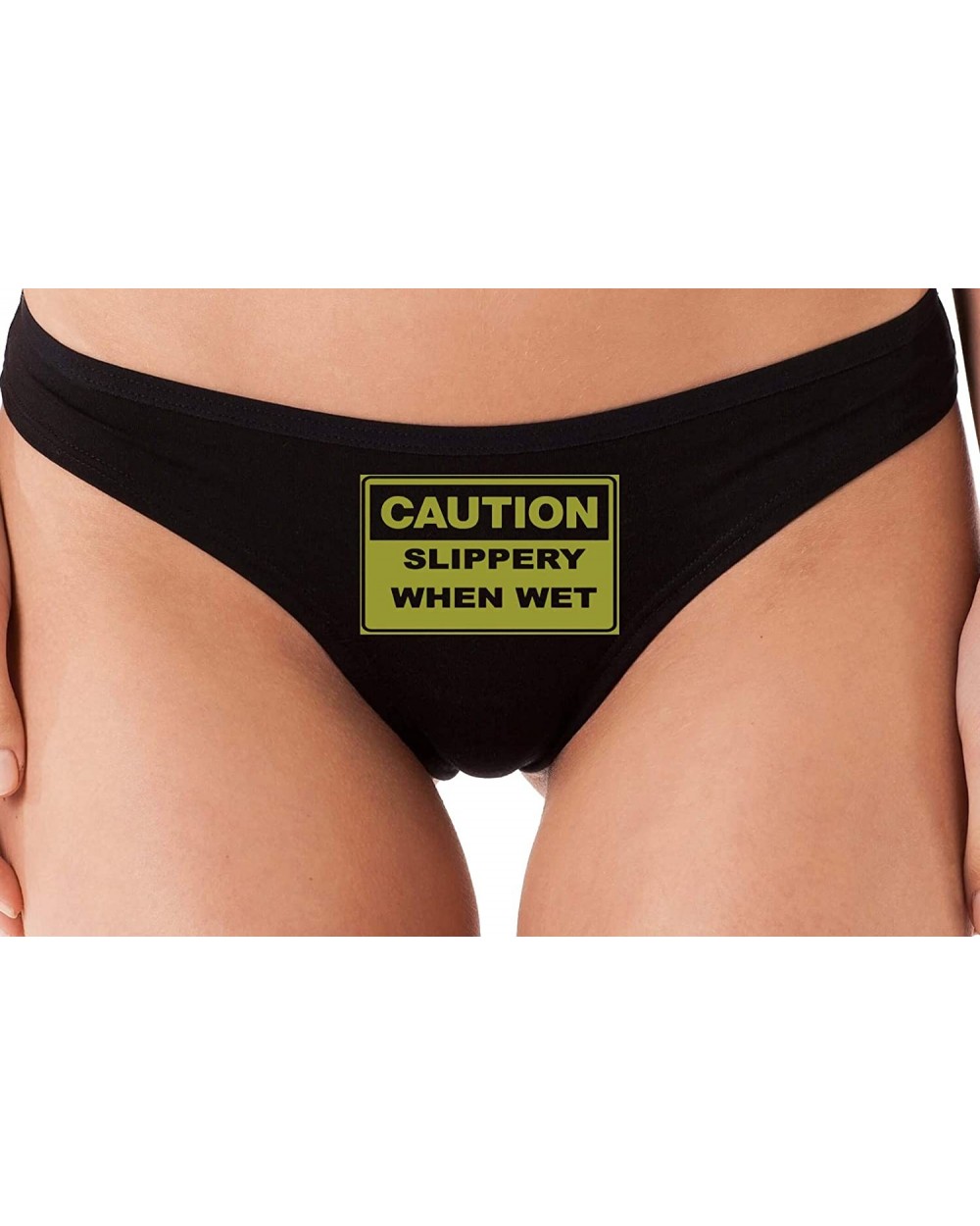 Caution Slippery When Wet Funny Flirty Black Thong Underwear - Gold - CF18LSWGZ97 $21.53 Panties