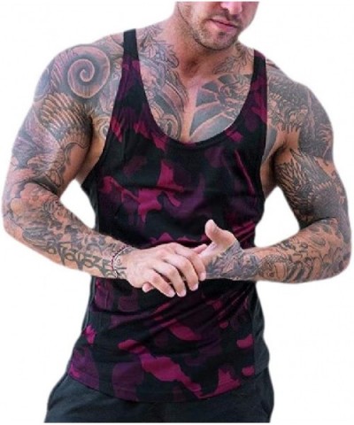 Men's Gym Tank Vest Undershirt Sleeveless Camo Shirts - Rose Red - CB19CH29X0N $35.52 Undershirts